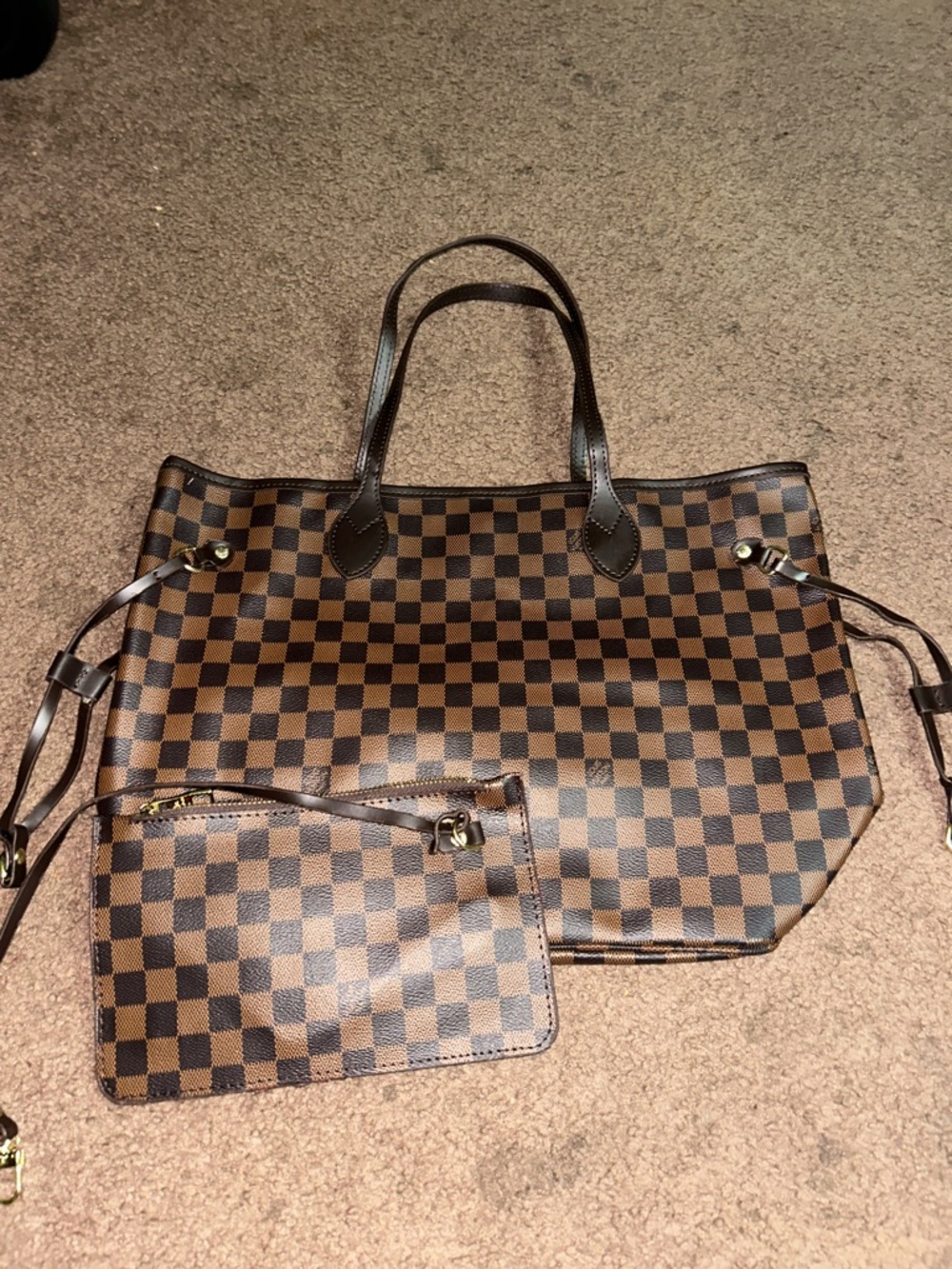 New Brown Checkered Tote Bag with Removable Pouch